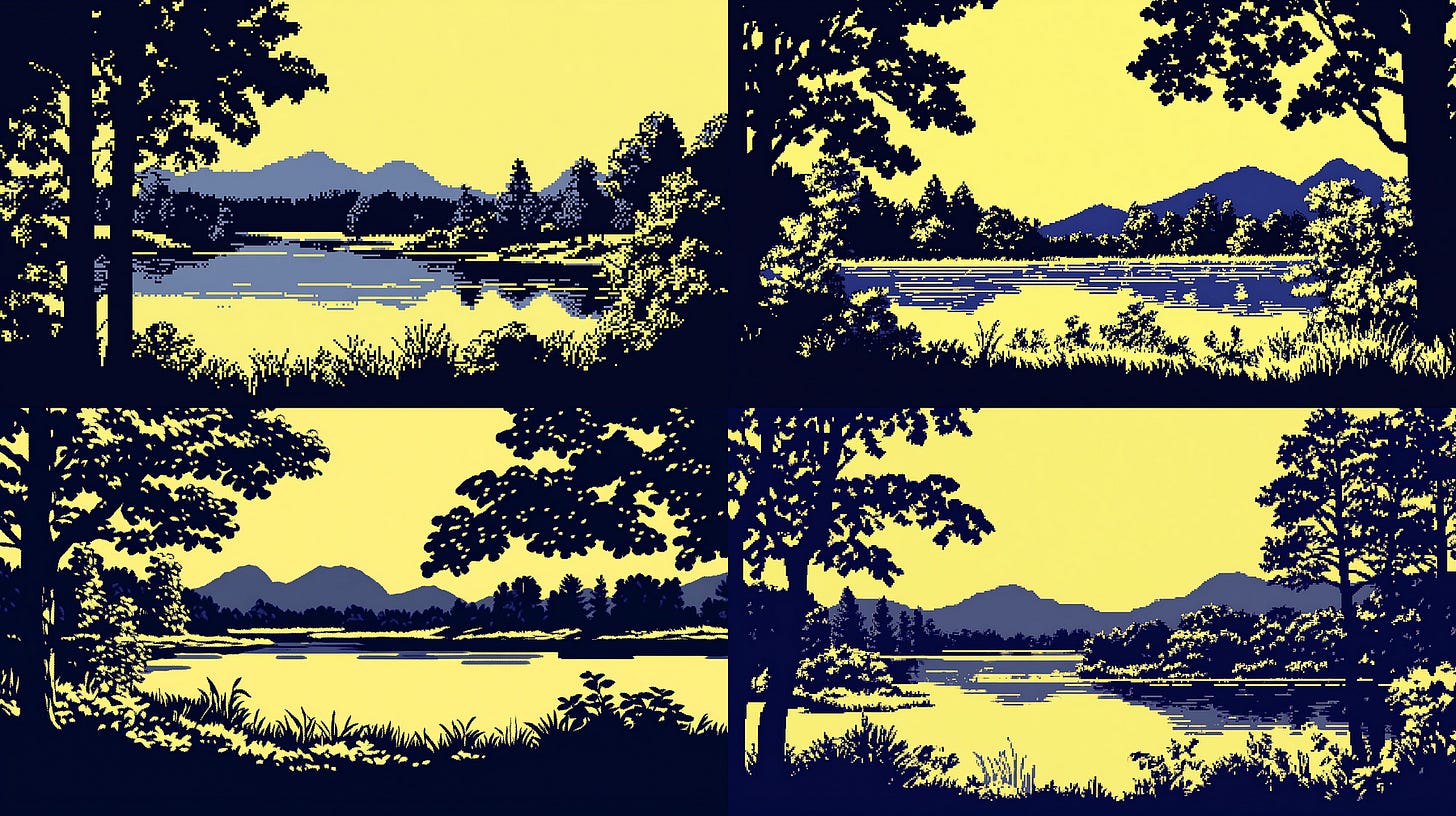 StW 500. /imagine prompt: an illustration of a landscape with a lake, blue and yellow — sref https://s.mj.run/yFfpStj-QaI — sw 500 — ar 16:9 — v 6.1