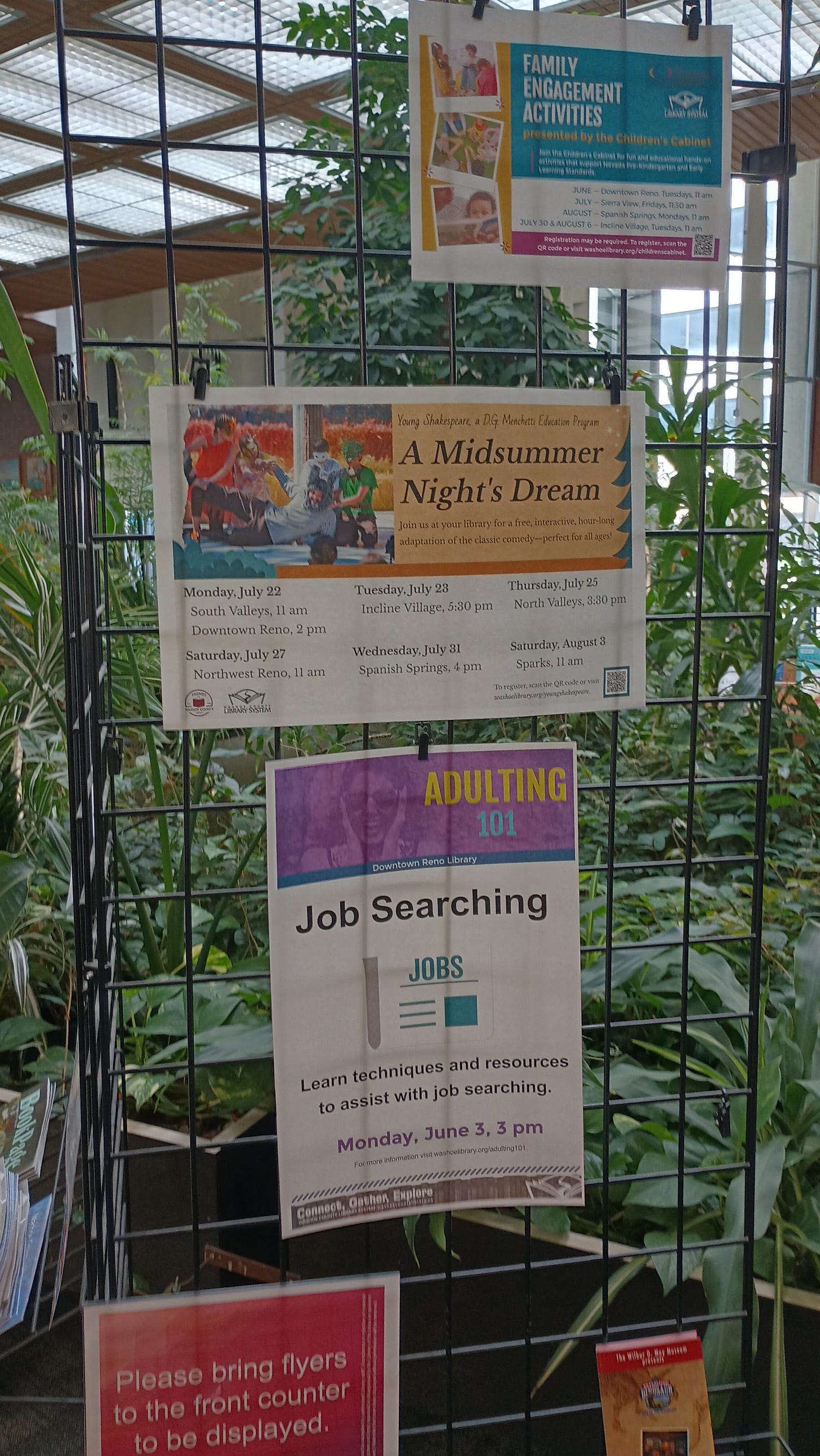 photo with library flyers, and some plants