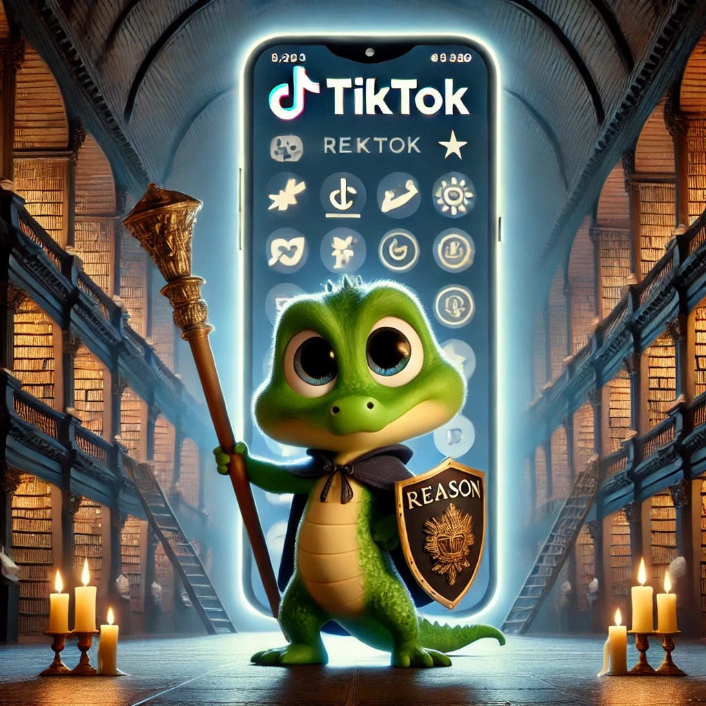 A small, cute, Pixar-Disney styled anthropomorphic gator named Croaky with a determined expression, standing in front of a giant glowing smartphone screen displaying TikTok-style content such as dancing silhouettes, emojis, and hashtags like #Trending. Croaky is holding a large quill pen like a sword and a shield with the words 'Reason' and 'Excellence' emblazoned on it. He has a distinct green gator appearance with a charmingly small build. Behind him is a grand library with towering bookshelves, representing Western civilization’s intellectual heritage. The contrast between the bright, chaotic glow of the smartphone screen and the dark, rich tones of the library emphasizes a cultural battle.