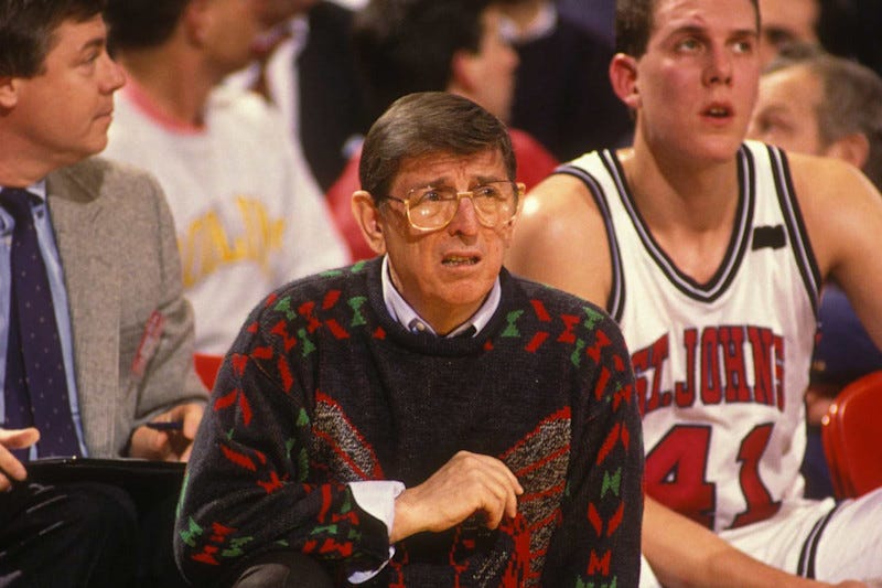 NEW YORK, NY - MARCH 10:  Lou Carnesecca, head caoch of the St. John's Redmen, during asemi-final Big East Conferance Touranment college basketball game against the Georgetown Hoyas at Madison Square Garden on March 10, 1991 in New York, New York.  (Photo by Mitchell Layton/Getty Images)