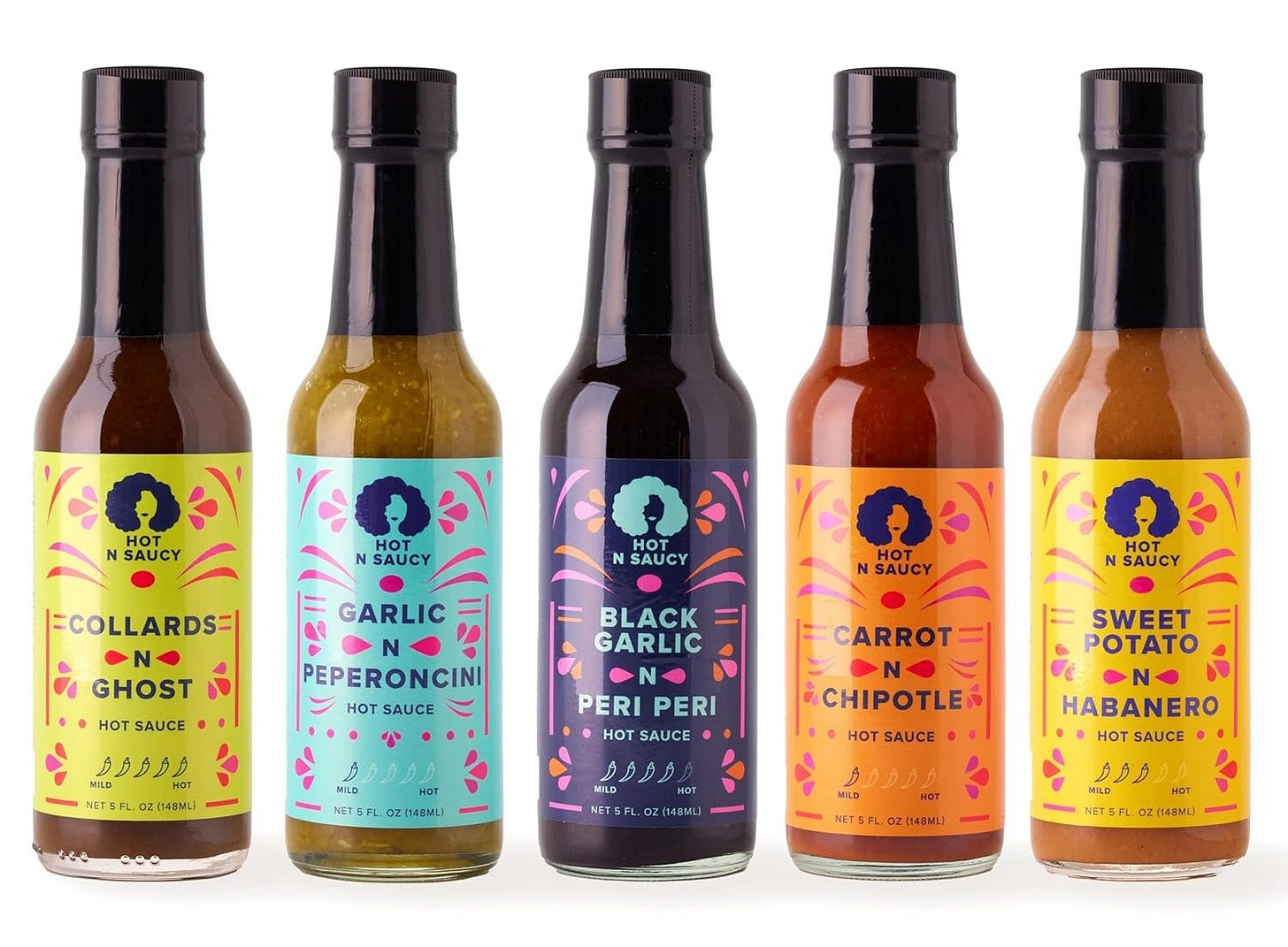 5 bottles of Hot N Saucy hot sauce, various flavors