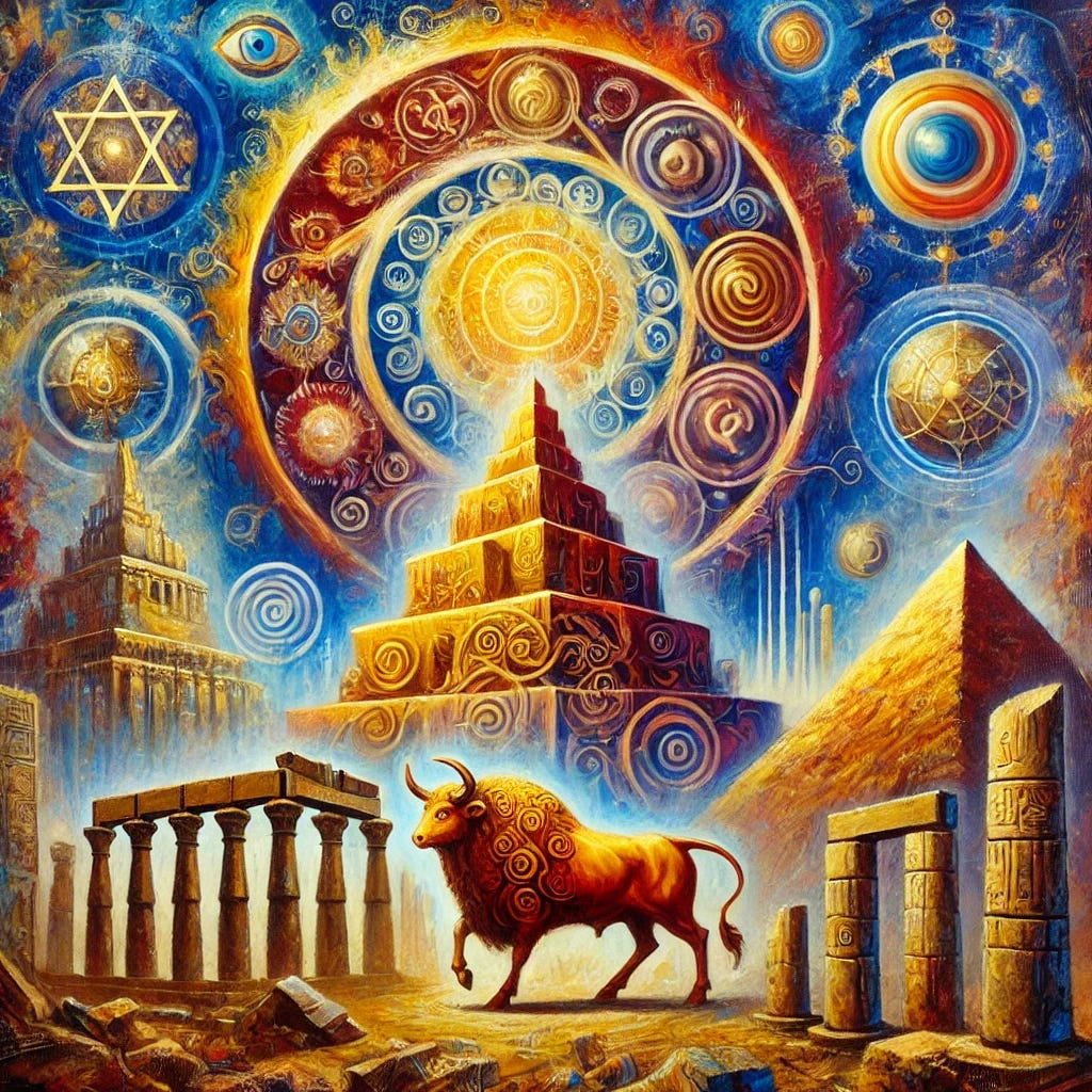 An abstract oil painting capturing the interconnected themes of Nimrod, Babylon, Baal, Egypt, and Canaan. The scene features a towering ziggurat representing Babylon, with swirling mystical patterns and celestial motifs symbolizing ancient power. A golden bull, representing Baal, is prominently featured in the foreground, surrounded by ruins of temples and obelisks symbolizing Egypt and Canaan. The composition uses vibrant colors such as gold, crimson, deep blue, and earthy tones to evoke a sense of mystery and spiritual tension. The brushstrokes are expressive and textured, characteristic of classical oil painting techniques.