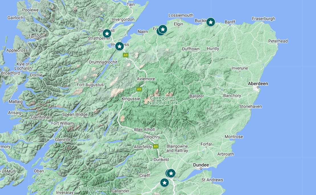 Map showing the main places mentioned in the blog: Dingwall in Easter Ross, Inverness at the head of the Great Glen, Forres and Kinloss in Moray, Cullen in Aberdeenshire, Forteviot in Perthshire, Inveralmond in Perth and Scone on the opposite bank of the Tay to Inveralmond.