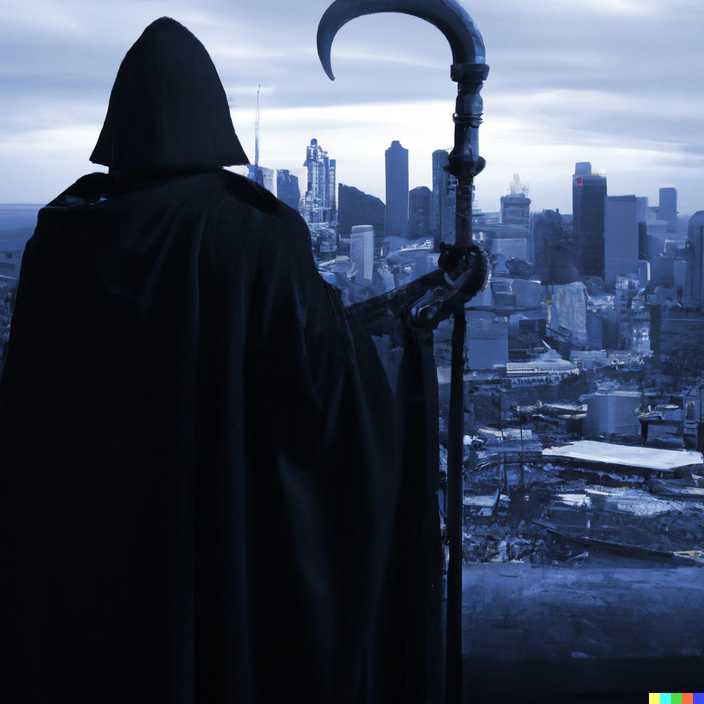 photograph of the grim reaper holding a scythe looking over a city