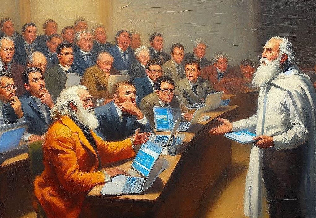 An AI-generated image of an idiot asking a stupid question to a room full of super geniuses, oil painting