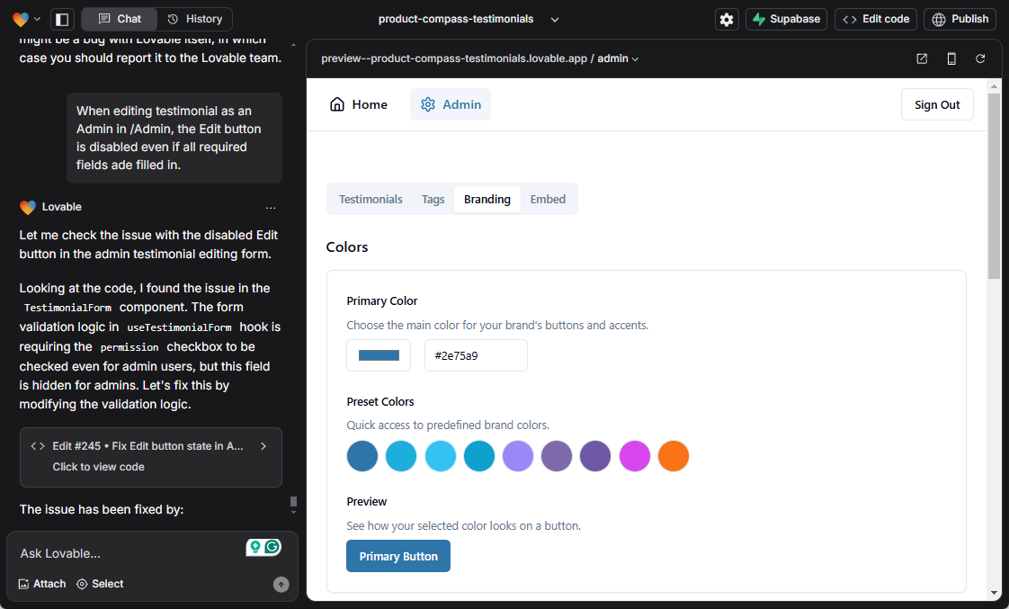 Testimonials built with Lovable AI - the Admin panel