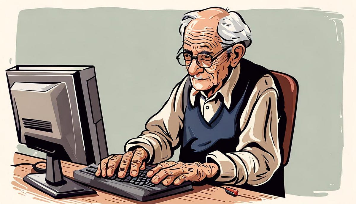 old man, wrinkled hands, at computer