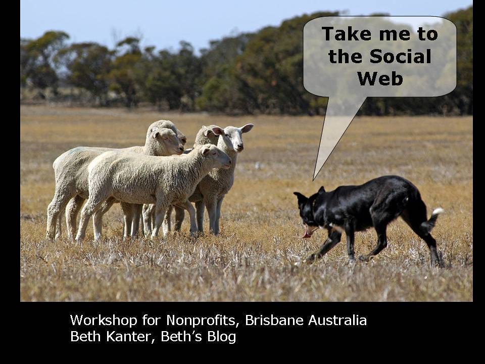 Introduction slide to workhop. Five sheept in a paddock being stared down by a black dog.
