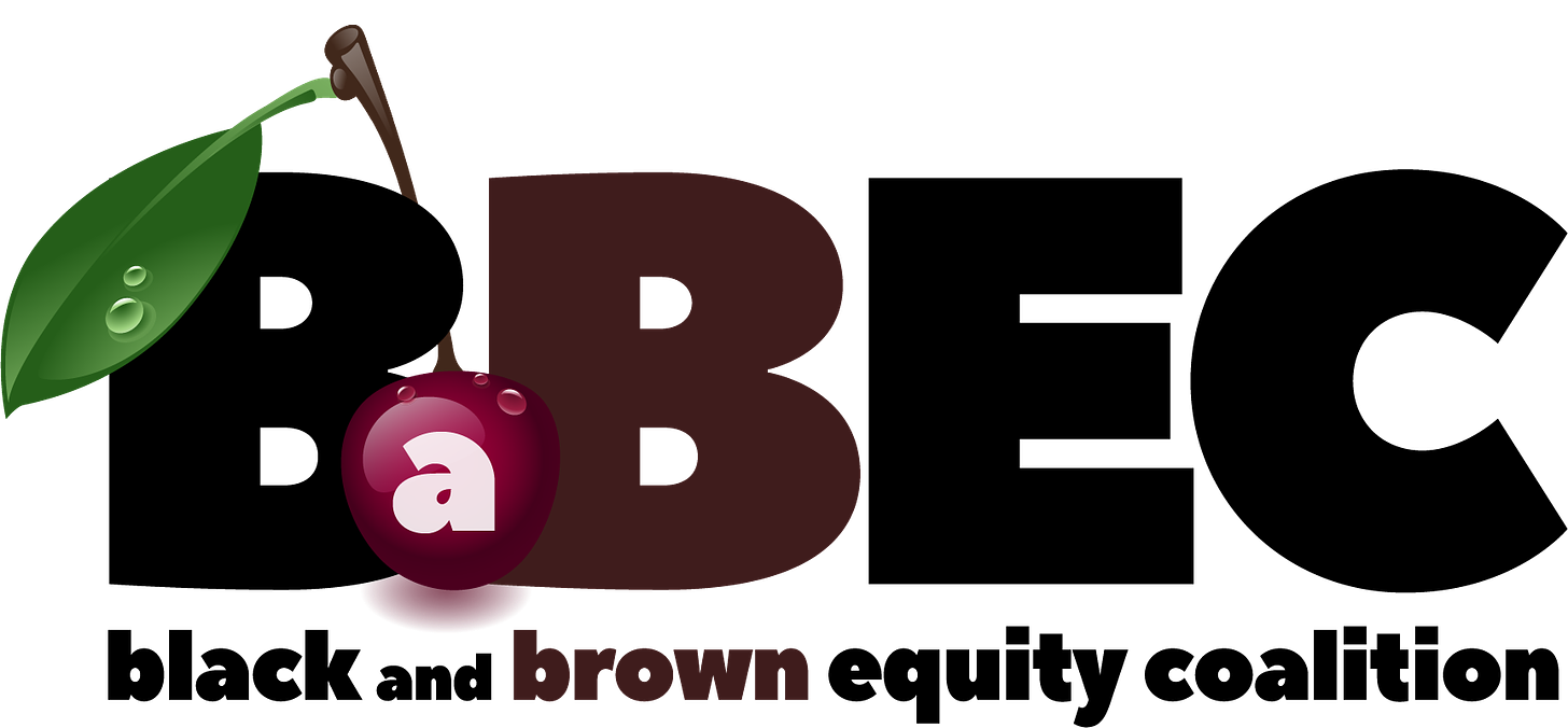 The image displays a logo for "BaBEC - Black and Brown Equity Coalition". The letters "BBEC" are prominent, with the second B in dark brown and the first "B" and "EC" in black. Overlaying the first "B" is a stylized cherry with a leaf, representing the "a" in "BaBEC". Below the acronym, the full name "black and brown equity coalition" is written in lowercase letters. The design is modern and visually striking, with the cherry and leaf adding a touch of color against the monochromatic text.