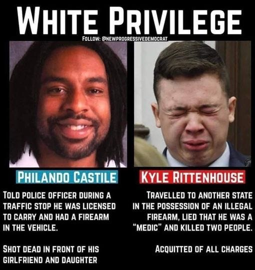 "White Privilege" written over two pictures: Philando Castle, captioned "told police officer during a traffic stop he was licensed to carry and had a firearm in the vehicle. Shot dead in from of his girlfriend and daughter." Over a fake crying Kyle Rittenhouse, captioned "travelled to another state in the possession of an illegal firearm, lied that he was a "medic" and killed two people. Acquitted of all charges. 