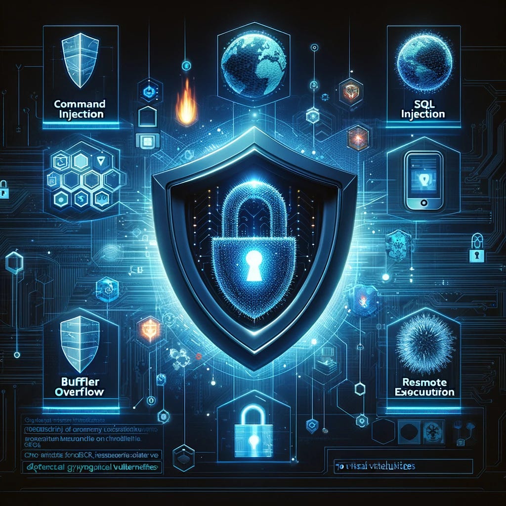 A visually engaging and informative cybersecurity themed image, representing the concept of defending against top 10 critical vulnerabilities. The image should depict a digital shield, symbolizing protection, and icons or visual elements representing different types of cybersecurity threats like command injection, SQL injection, buffer overflow, and remote code execution. The background should be tech-inspired, with a futuristic and secure feel. Include imagery that suggests vigilance and proactive defense in the cyber world, such as a lock, firewall, or digital barrier.