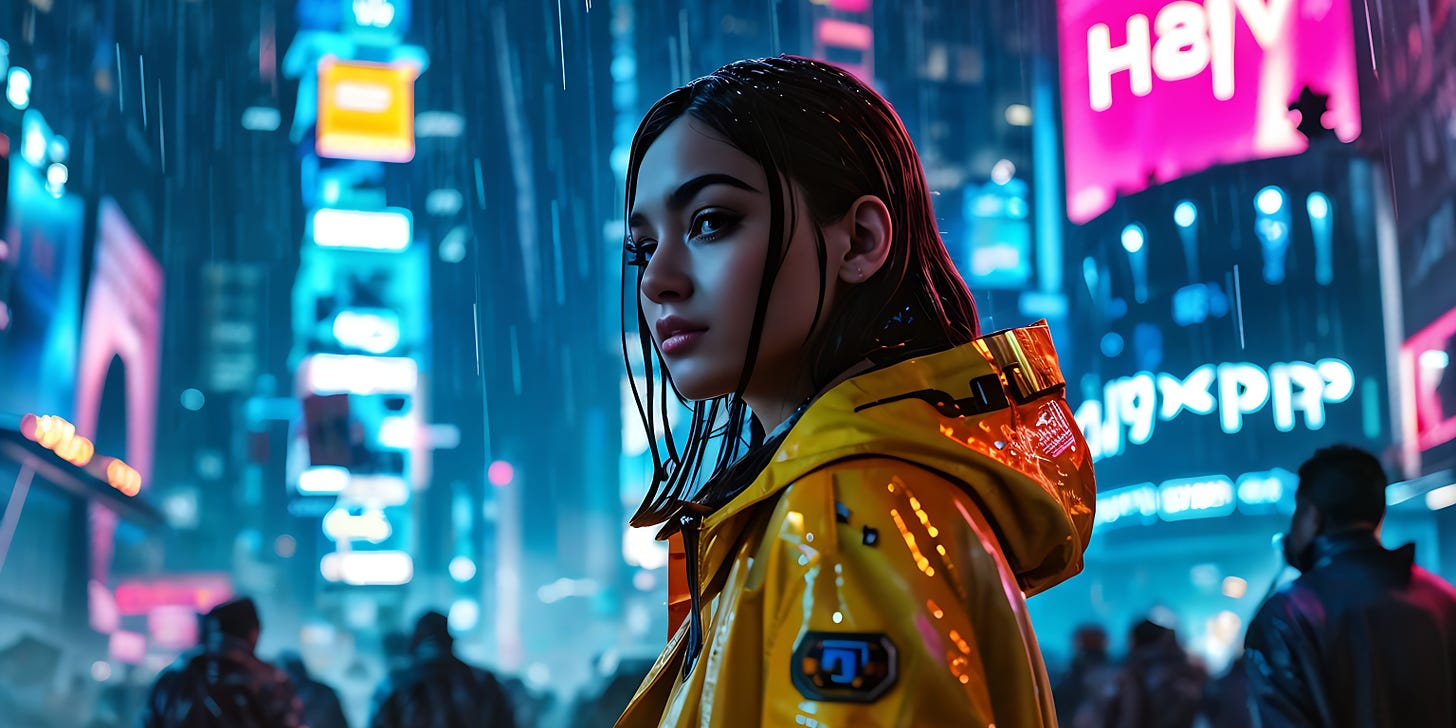 A woman wearing a yellow raincoat in a torrential downpour in a futuristic neon-lit city