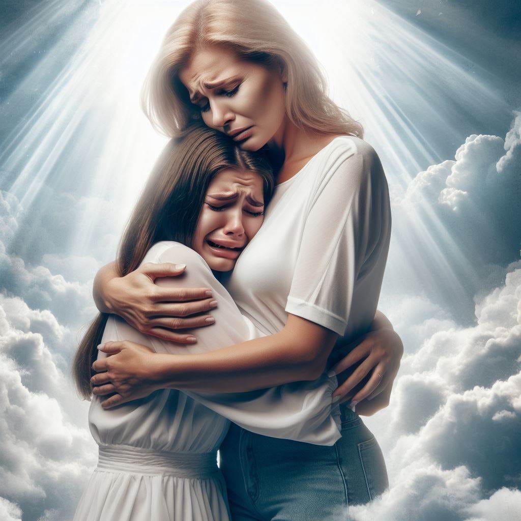 Mother hugging teenage daughter, crying. Surrounded by clouds, god ray lighting. White clothing for both.