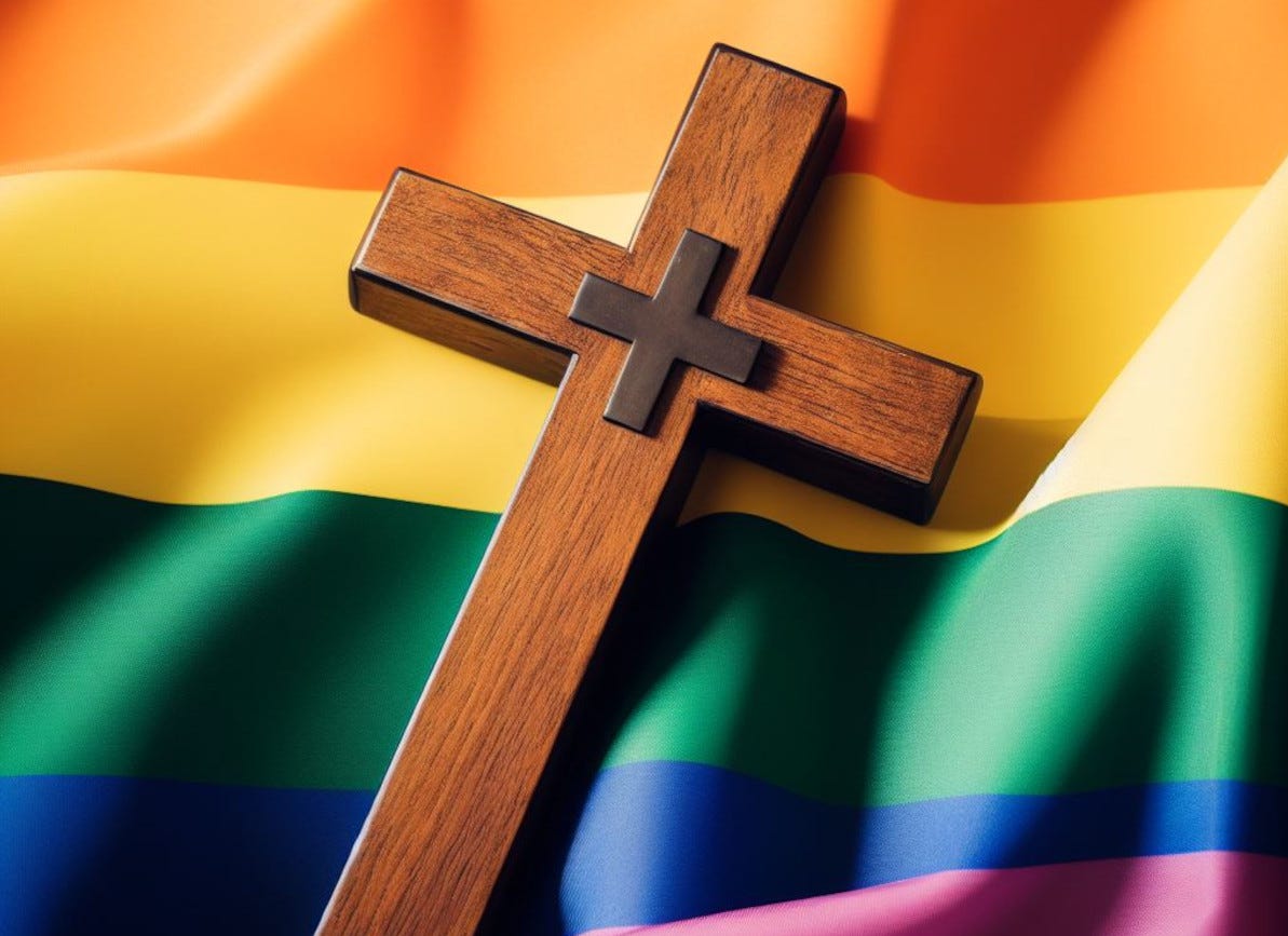 Wooden cross on top of rainbow pride flag.