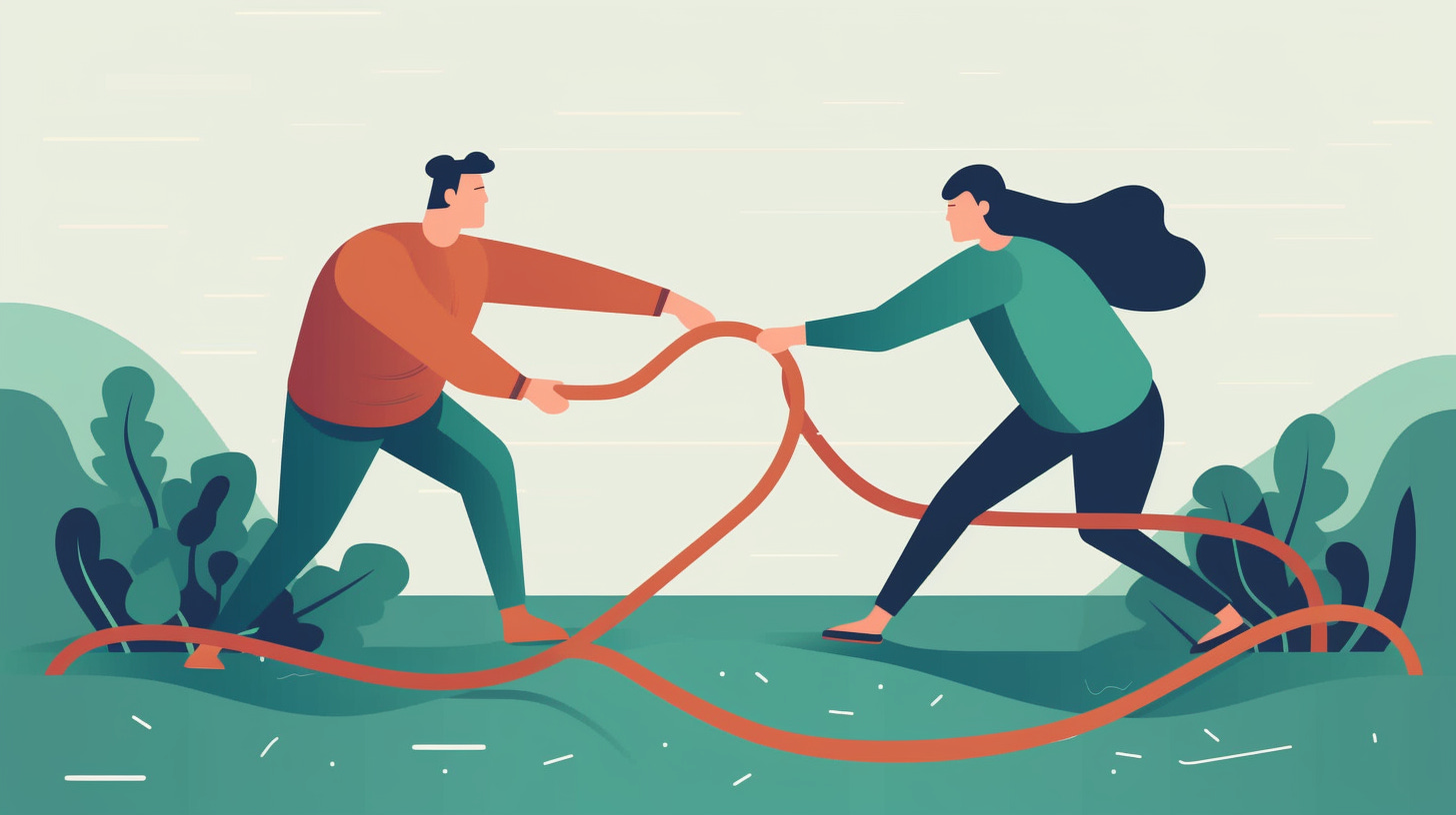 a vector illustration of two people engaged in a friendly game of tug-of-war, as a featured hero image, eye-catching, fun, and interesting by John Wayne Hill