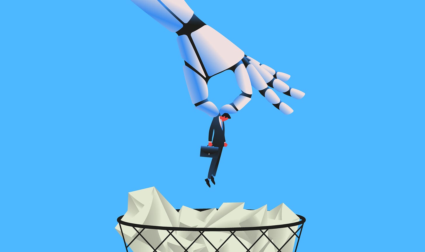 Illustration of a robot hand lowering a jobseeker into the trash.