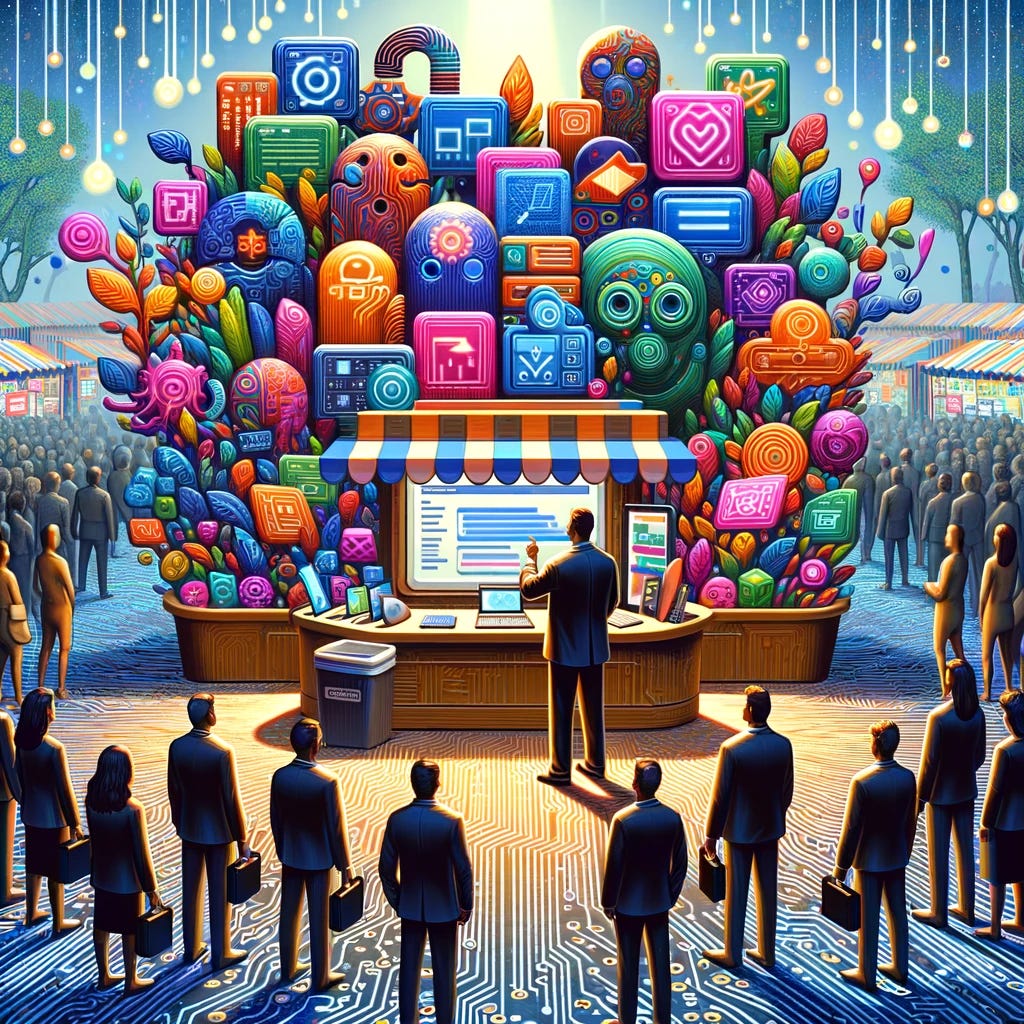 A whimsical scene in a digital landscape, featuring a software salesperson standing at a stall overflowing with colorful, abstract representations of various software packages. Each package is designed with unique patterns and symbols that hint at its purpose, such as productivity tools, creative software, and security solutions. The salesperson, dressed in smart casual attire, is demonstrating a software package to an intrigued audience of diverse, stylized human figures. The background is a bustling tech fair with other stalls, digital trees, and floating data streams, under a bright, circuit-patterned sky.