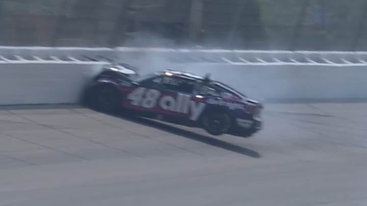 The rear wheels of Alex Bowman's No. 48 Hendrick Motorsports Chevrolet lifted off of the ground as he suffered a intense head-on impact on Lap 67 of the FireKeepers Casino 400 at Michigan.
