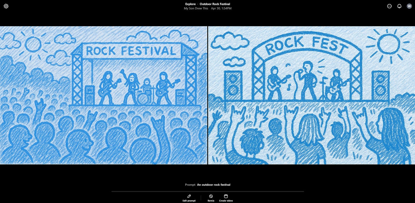 Two blue images of a rock festival using a  "blue child drawing" preset