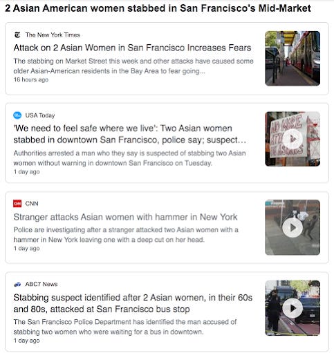 Unsafe Spring comic, news of anti-Asian hate crimes Screenshot of headlines about attacks against Asians across America