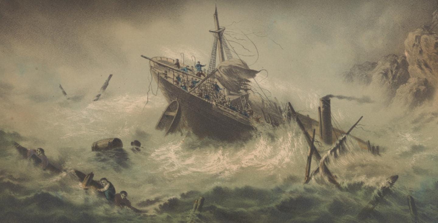 Historic print depicting the 'Loss of the Royal Charter'. A wrecked ship is in the centre of a dark and violent storm, with wreckage and struggling passengers in the waves around