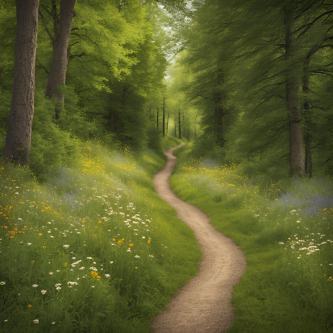 a dirt path through a peaceful forest with wildflowers dotting the landscape