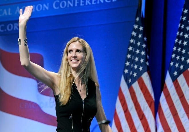 In this Feb. 12, 2011 file photo, Ann Coulter waves to the audience after speaking at the Conservative Political Action Conference (CPAC) in Washington.
