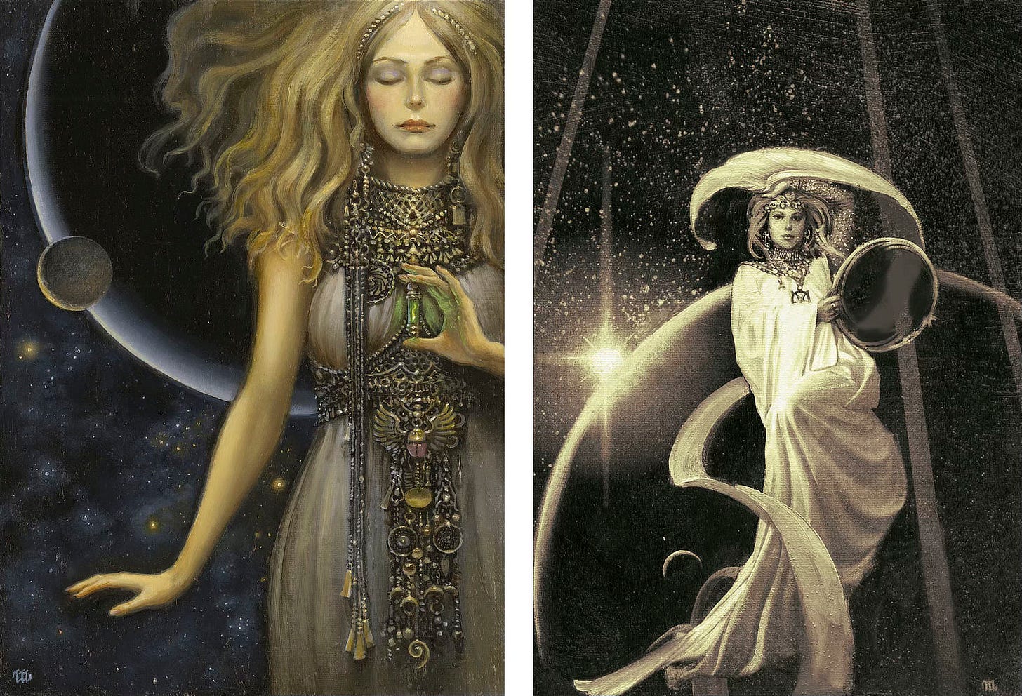 LEFT: Preliminary concept for THE WILDING featuring a woman with eyes closed holding a test tube lit with a spark of green energy. She wears a white dress draped with jewels, baubles, and tassles. Behind her hovers a large planet and smaller moon set against a star field.  RIGHT: A tonal preliminary concept for THE WILDING featuring a woman in white robes holding a circular mirror. Behind her a sun flares behind the silhouette of a large planet.