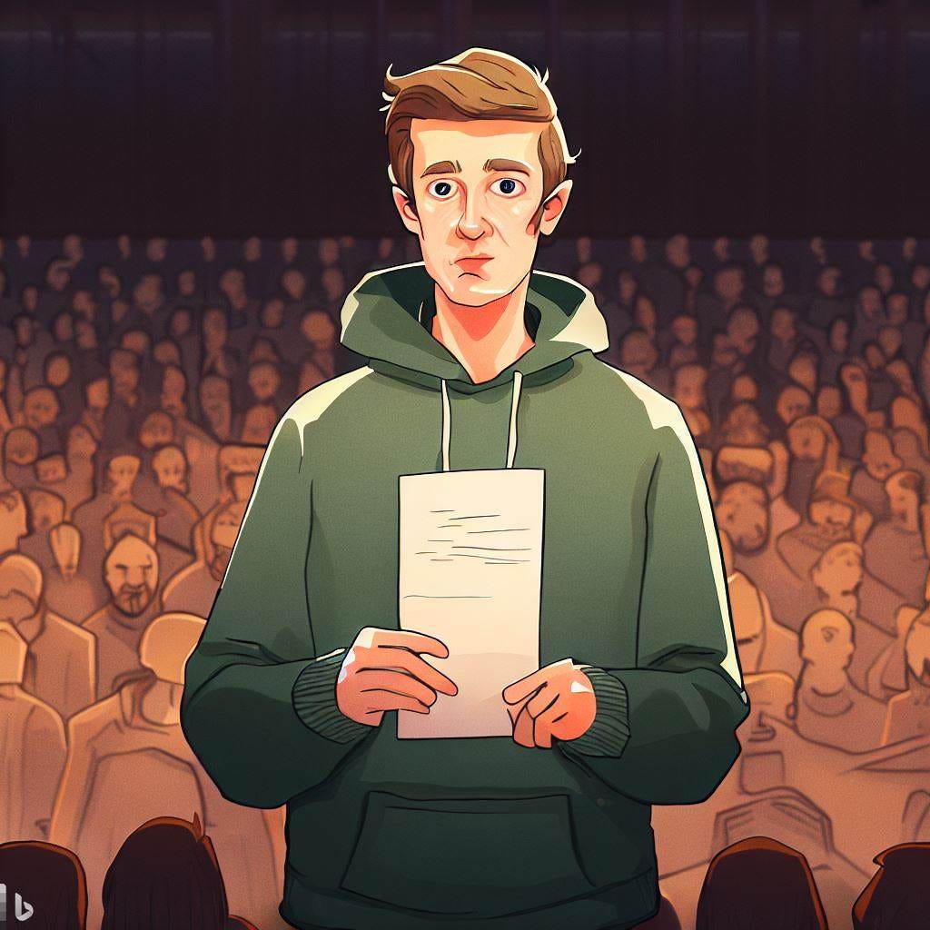 An illustration of a young man wearing a green hoodie standing in front of a crowded theater holding a piece of paper.