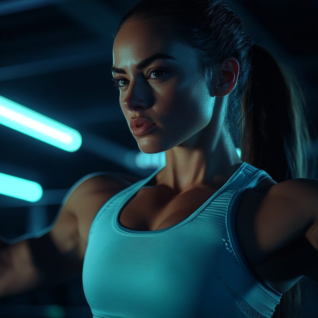 Fit female athlete wearing light blue gym gear stretching in a dark gym with light blue fluorescent lighting.