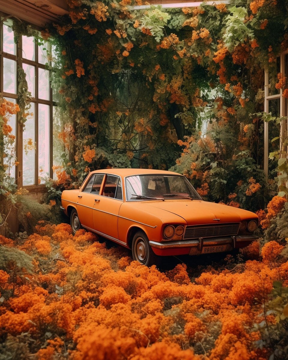 an orange car parked in a flower filled room, in the style of 1960s, schlieren photography, naturalistic details --ar 93:116