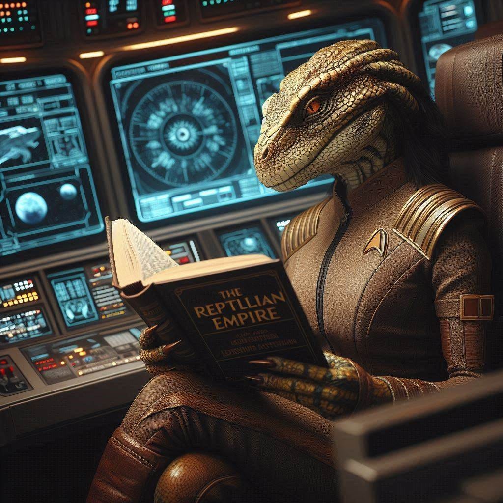 Female reptile starfleet officer sitting inside a spaceship. She is reading intently a book titled "The Reptilian Empire"