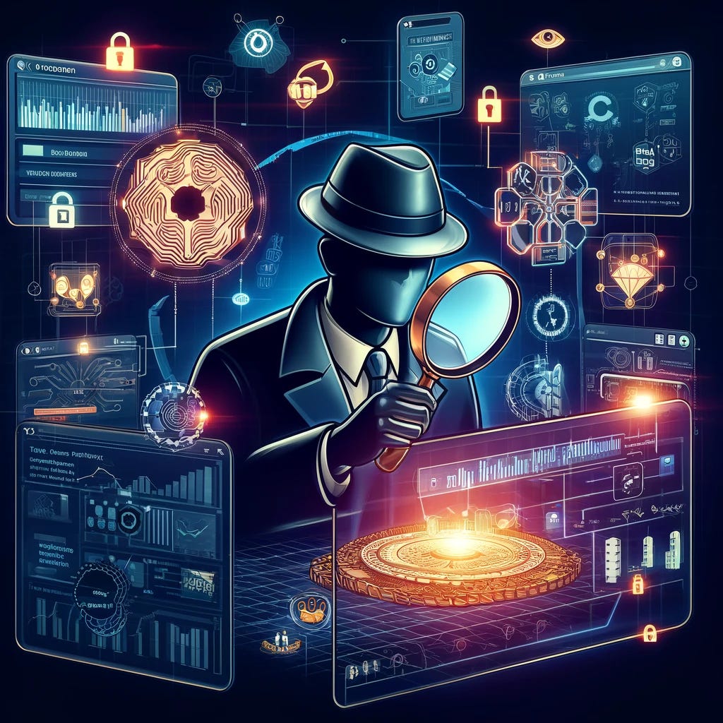 A detailed graphic for the article 'The Digital Sleuths: Unraveling Cryptocurrency Scams with Blockchain Forensics'. The graphic should depict a modern detective theme with digital elements. Feature a central figure of a digital detective magnifying a blockchain, highlighting different nodes and transactions. Surround this figure with screens displaying various blockchain analytics tools and data visualizations. The setting should have a cyberpunk aesthetic, with dark colors and neon highlights to emphasize the high-tech nature of blockchain investigations. Include symbols like digital locks, codes, and a detective's hat to blend the themes of traditional sleuthing with modern technology.