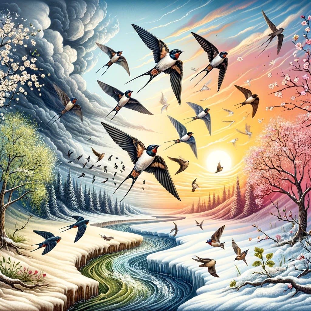 A conceptual illustration depicting the essence of the proverb 'One swallow does not make a spring'. The image shows a flock of swallows flying against a backdrop of a changing season, transitioning from winter to spring. The swallows are elegantly gliding in the sky, symbolizing adaptation and change. The scenery includes budding trees, melting snow, and a gradually brightening sky, representing the arrival of spring. This image beautifully illustrates the theme of adaptation to changes rather than creating them, with a focus on natural beauty and harmony.