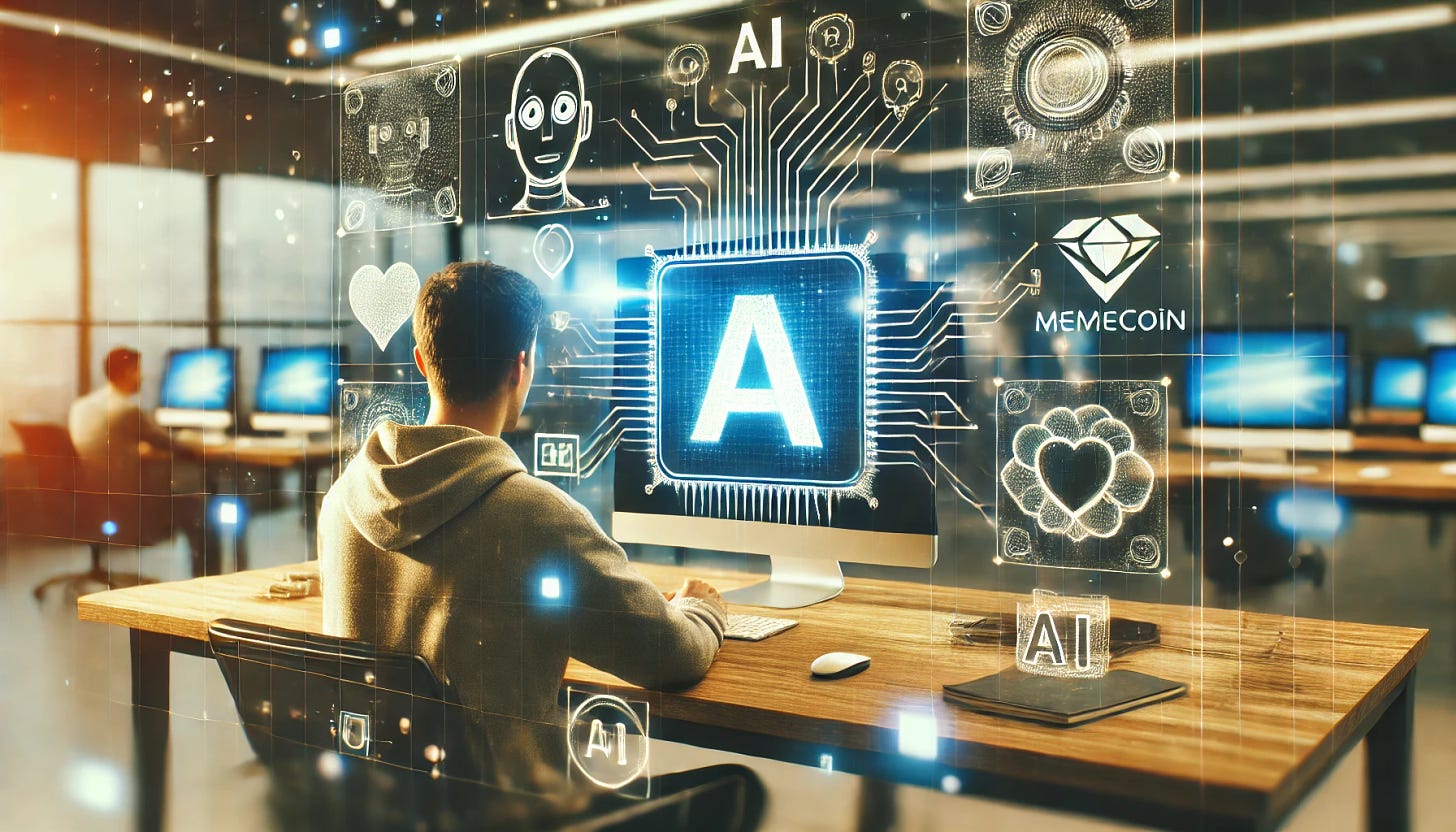 A futuristic digital scene featuring a person working on a computer, with subtle AI elements and hints of memecoin culture around them. The setting is a sleek, tech-savvy workspace with a soft glow, representing innovation and digital creativity. Small AI symbols and memecoin-inspired icons appear subtly on the computer screen and in the background. The overall atmosphere is modern, calm, and focused, with a slight energetic digital glow that hints at AI-driven projects.