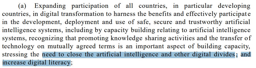 Snippet from the UN resolution on AI showing the context of the call for increased digital literacy