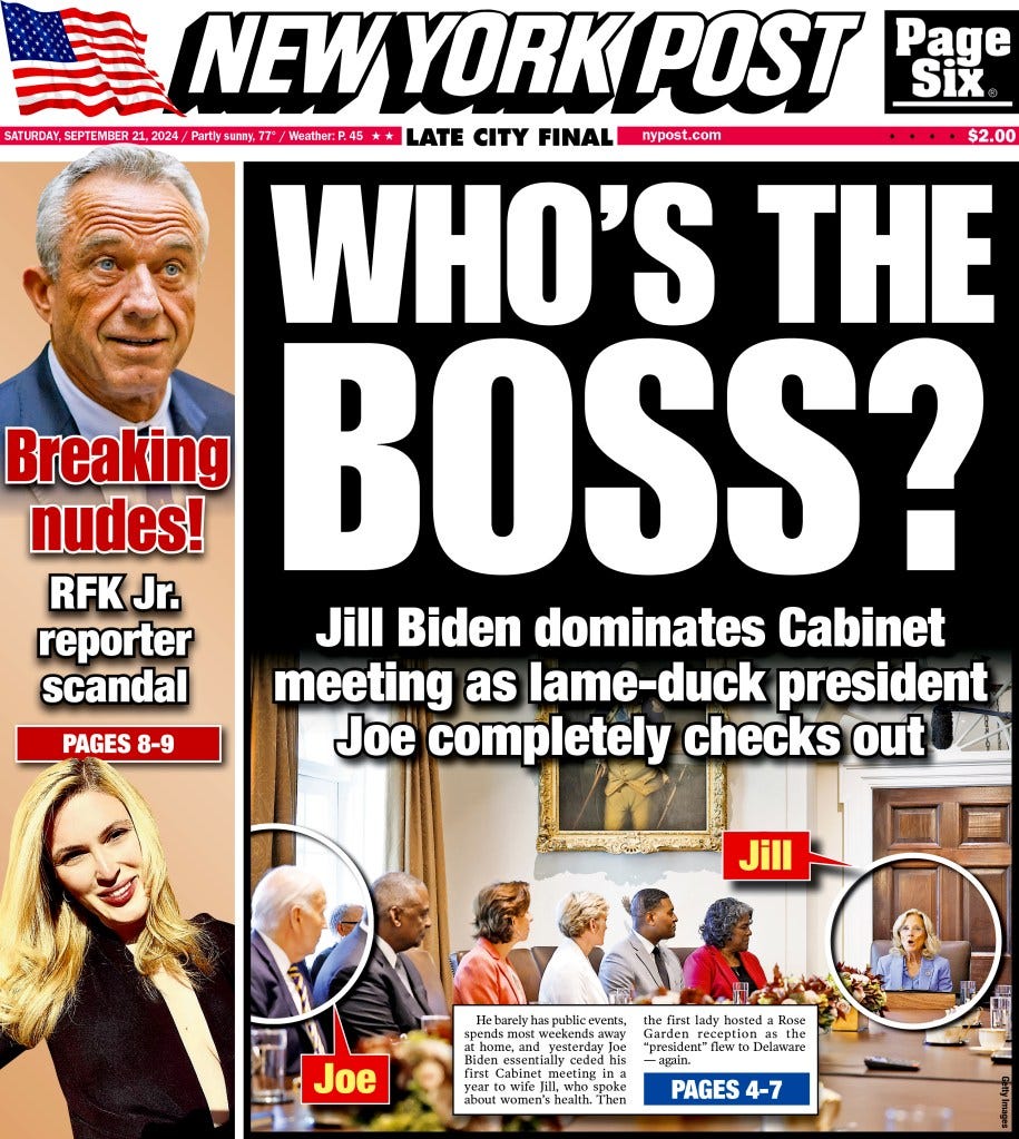 The Post's cover from Sept. 21, 2024 on Jill Biden running a cabinet meeting.