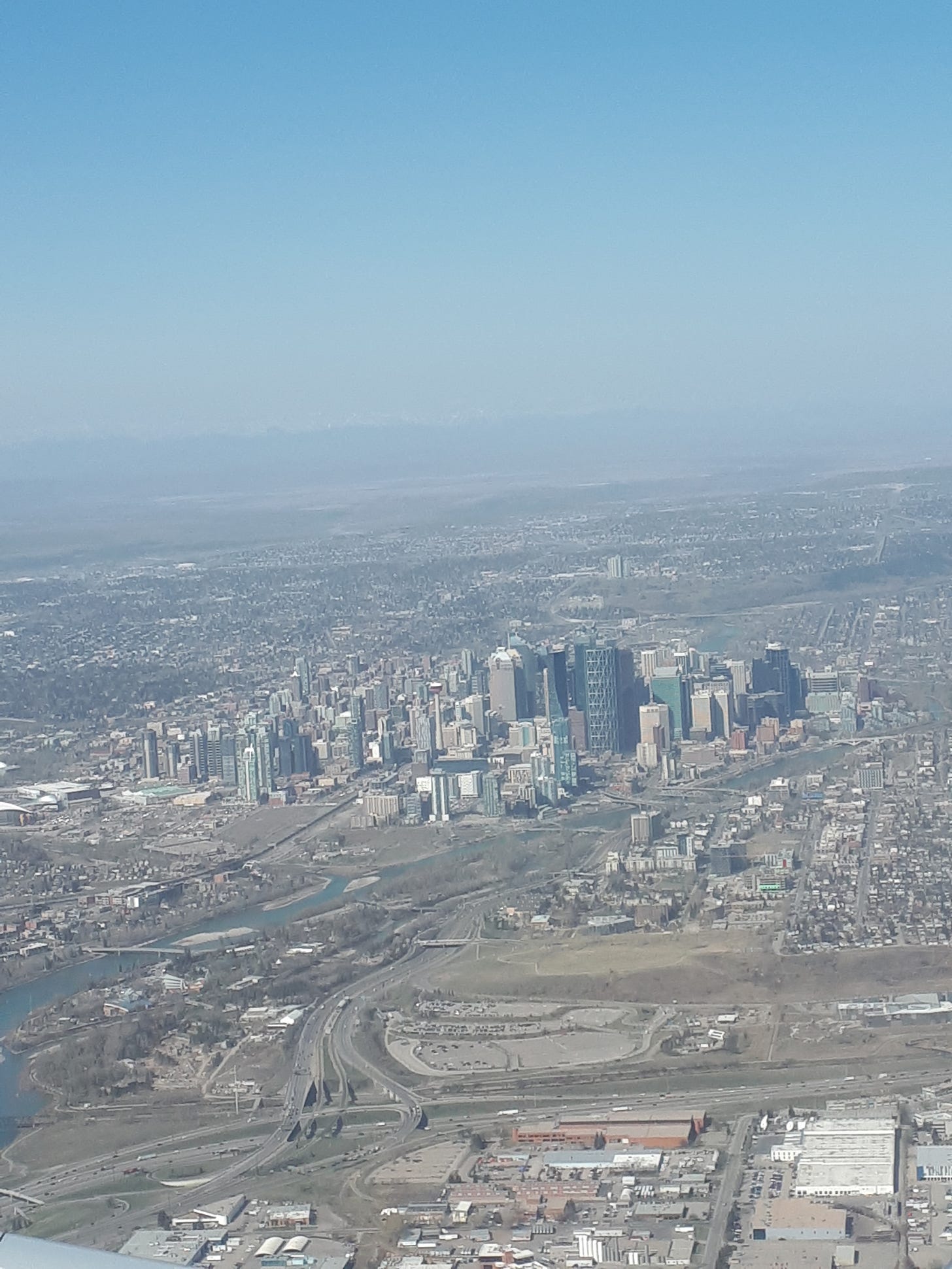 Aerial view of Calgary taken from an airplane window.