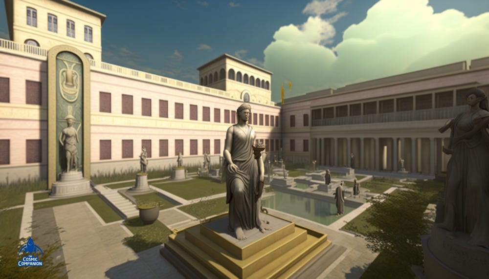 The courtyard of an ancient university with statue, fountain and pool, surrounded on three sides by buildings.
