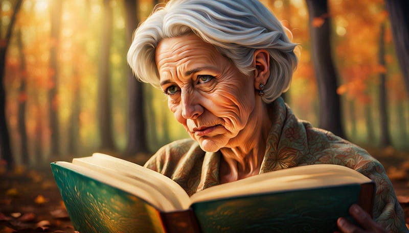 Older woman, in woodland, reading large book