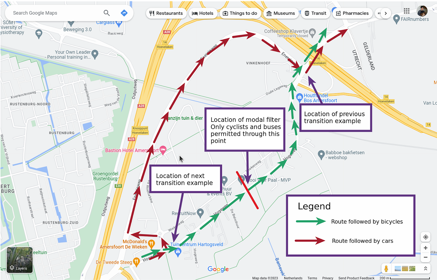 A Google Maps screenshot with annotations depicting how the bicycle and car routes are separated in the area of the transions being discussed.