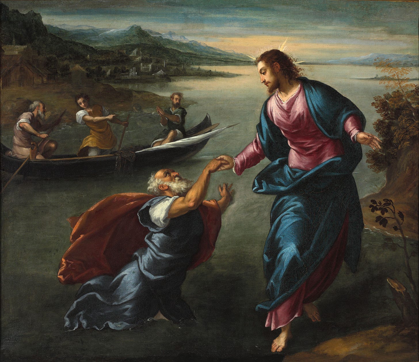 One man stands on the surface of a lake while another man stands in the water.