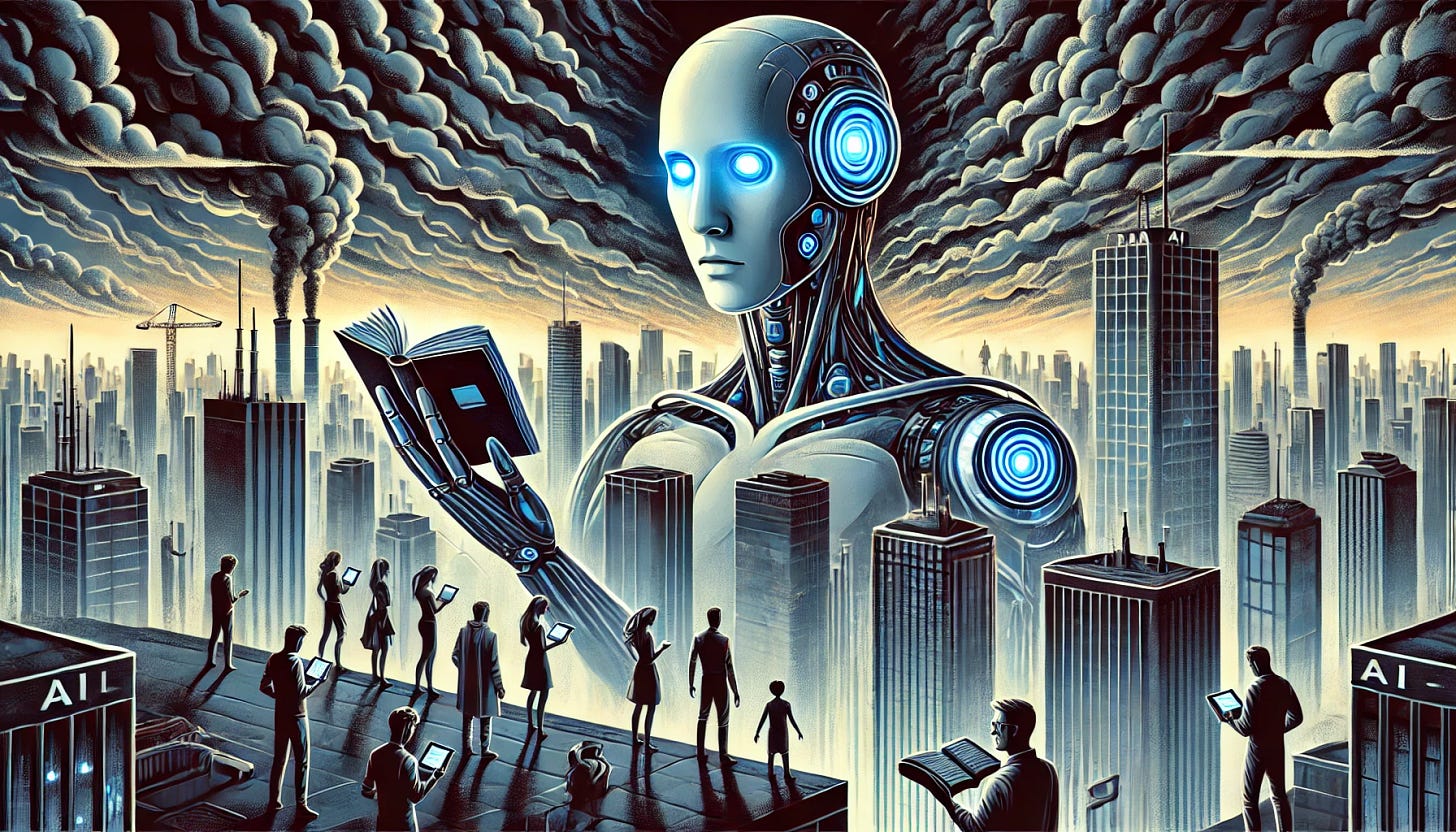 A dramatic 16:9 illustration depicting a futuristic AI with glowing blue eyes looming over a group of humans who appear confused and overwhelmed, set in a dystopian cityscape with dark clouds and towering skyscrapers. The humans are shown holding books and other symbols of culture, while the AI has mechanical tentacles reaching out toward them, symbolizing control and overreach. The color palette is moody with shades of gray, blue, and metallic hues, emphasizing a cautionary, sci-fi atmosphere.