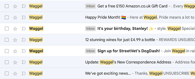 Screenshot of the recent email subject lines in my inbox from Waggel