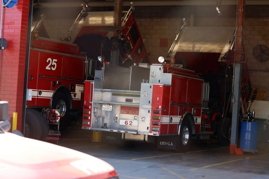 A fire fighting engine in for repairs at the Los Angeles depot. 