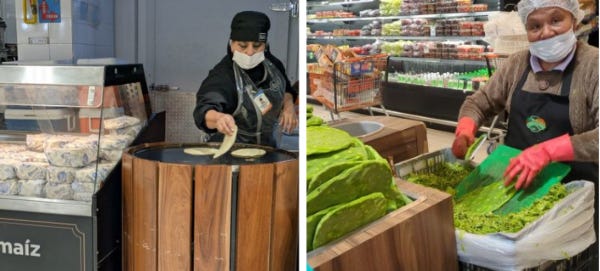 two photos, one of a woman making tortillas on a large round griddle in a grocery store, and one of a woman peeling cactus next to a large bin of them, also in a grocery store. Both are masked for sanitation.