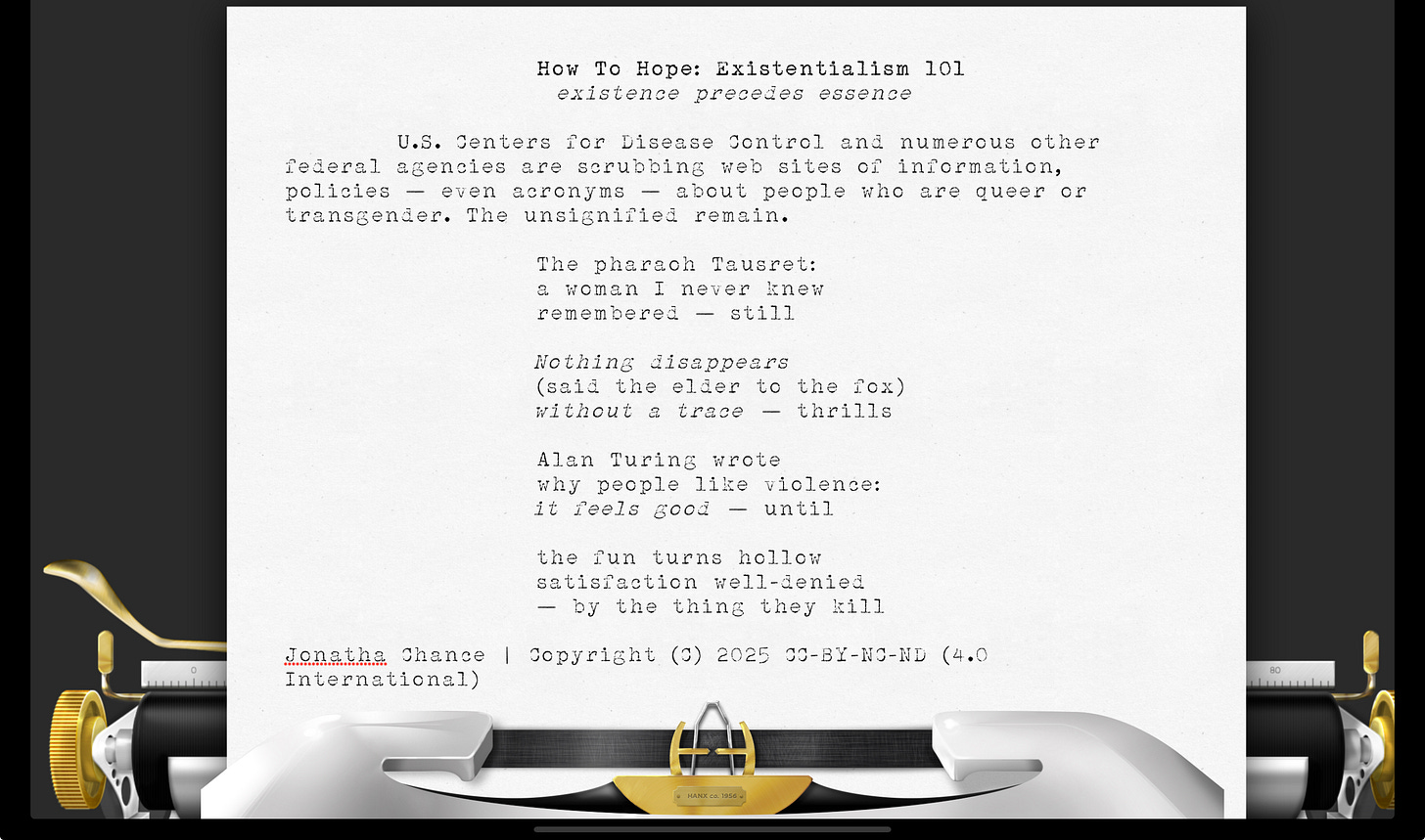 17 sounds (4 stanzas) by Jonatha Chance rendered upon the Hanx Golden Touch virtual typewriter. 17 sounds (4 stanzas) by Jonatha Chance rendered upon the Hanx Golden Touch virtual typewriter.