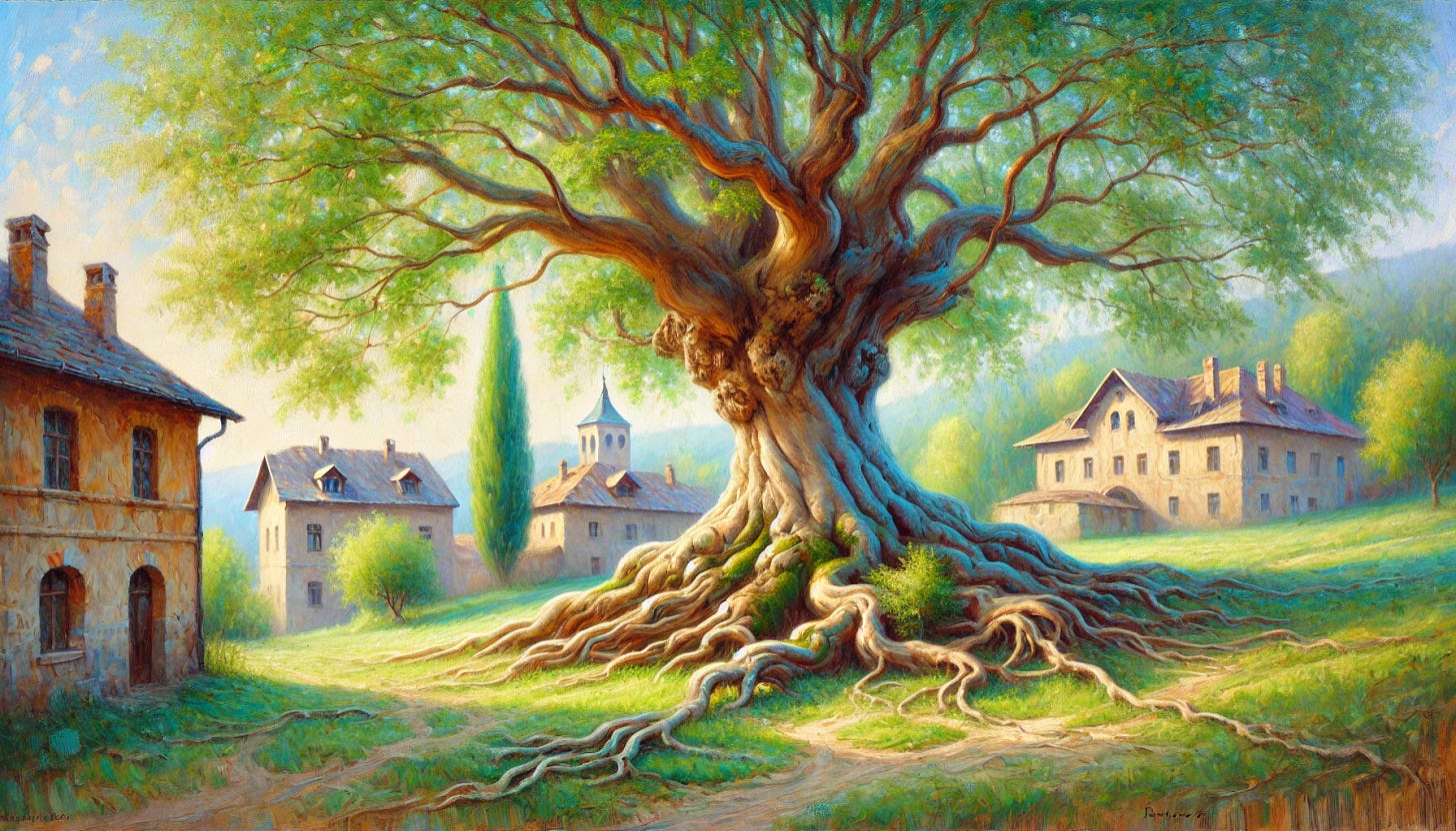 An impressionistic oil painting inspired by Fritz Syberg's style, featuring a majestic tree with strong, sprawling roots that extend across a soft, grassy terrain. The tree stands prominently in the foreground, its branches spreading wide and adorned with lush green leaves, allowing soft, dappled sunlight to filter through. In the background, old European buildings with tiled roofs and weathered facades are nestled harmoniously into the serene landscape, adding a sense of timeless charm. The color palette is gentle and pastel-like, with muted greens, soft blues, warm creams, and earthy browns, capturing the essence of a peaceful, sunny day. The composition emphasizes the tree's roots as a symbol of stability and connection, blending seamlessly with the tranquil surroundings in a wide aspect.