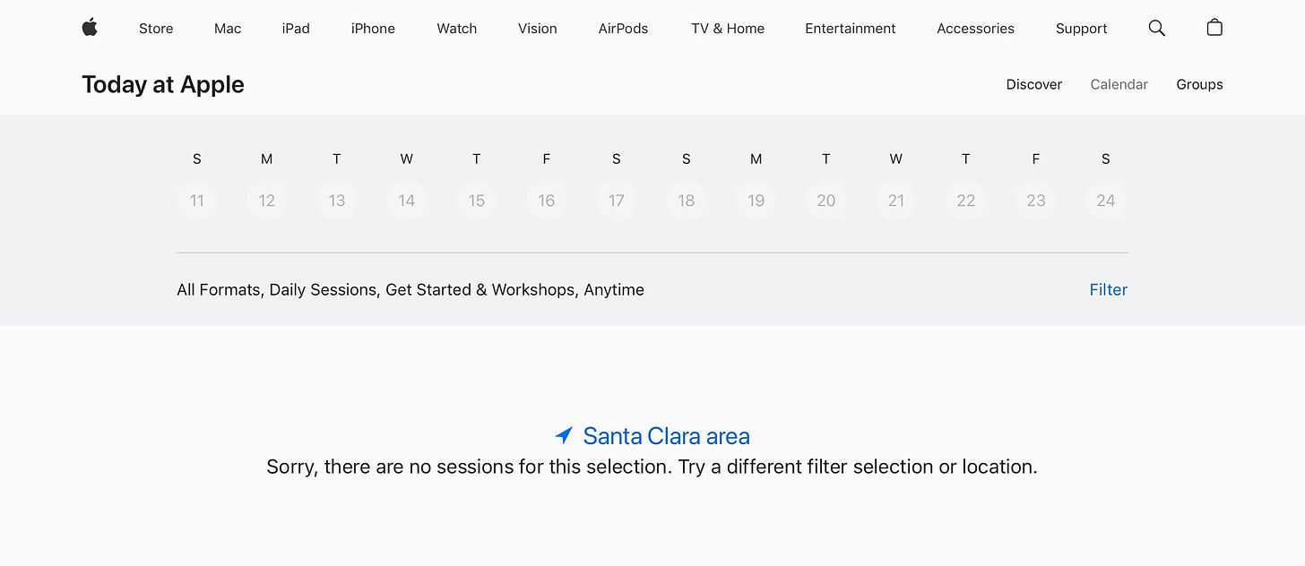 A screenshot of the Today at Apple calendar for February in the Santa Clara, California area.