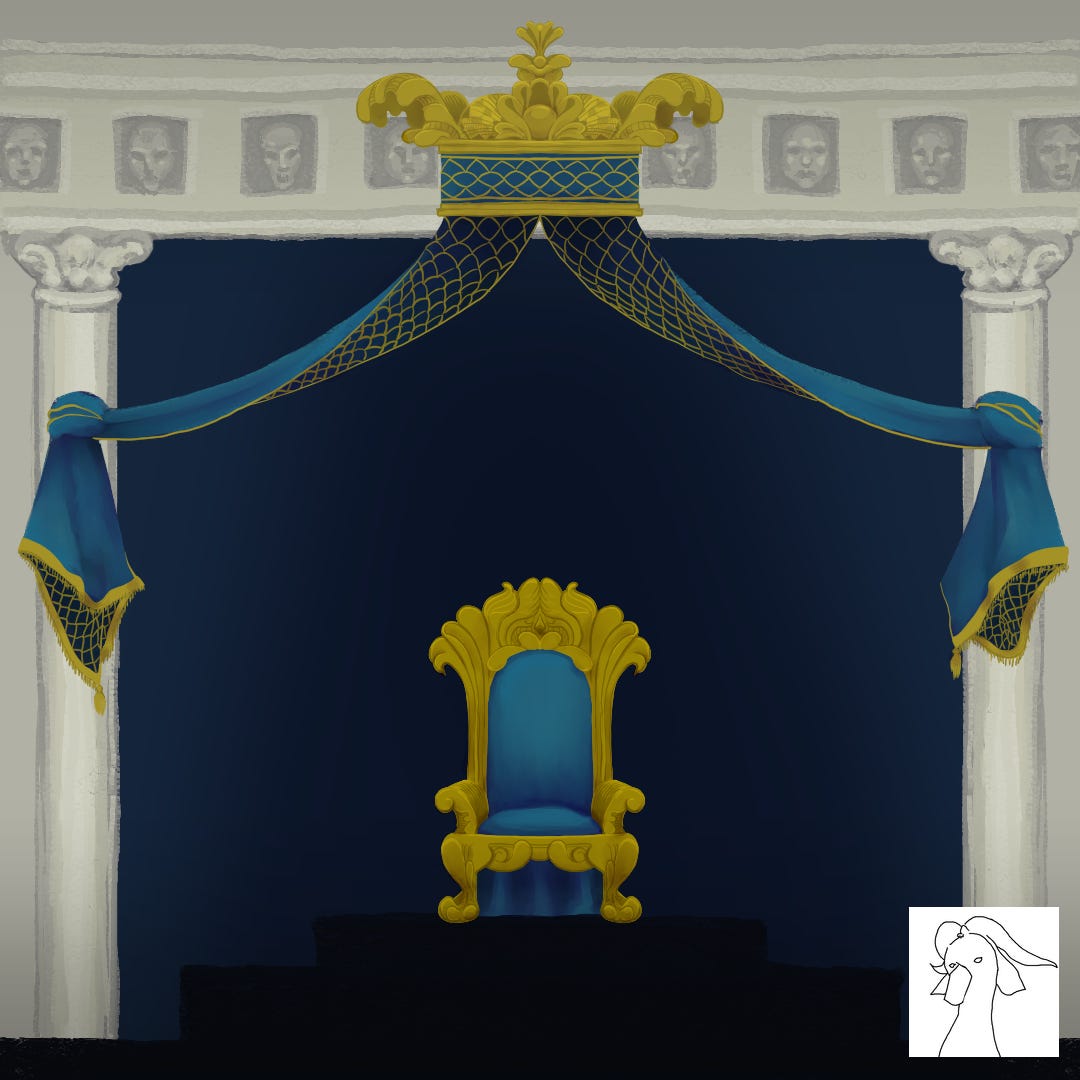 Digital painting of an empty throne in an empty hall